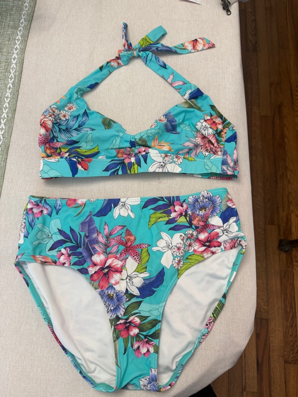 Turquoise Floral Two-Piece Halter Bikini